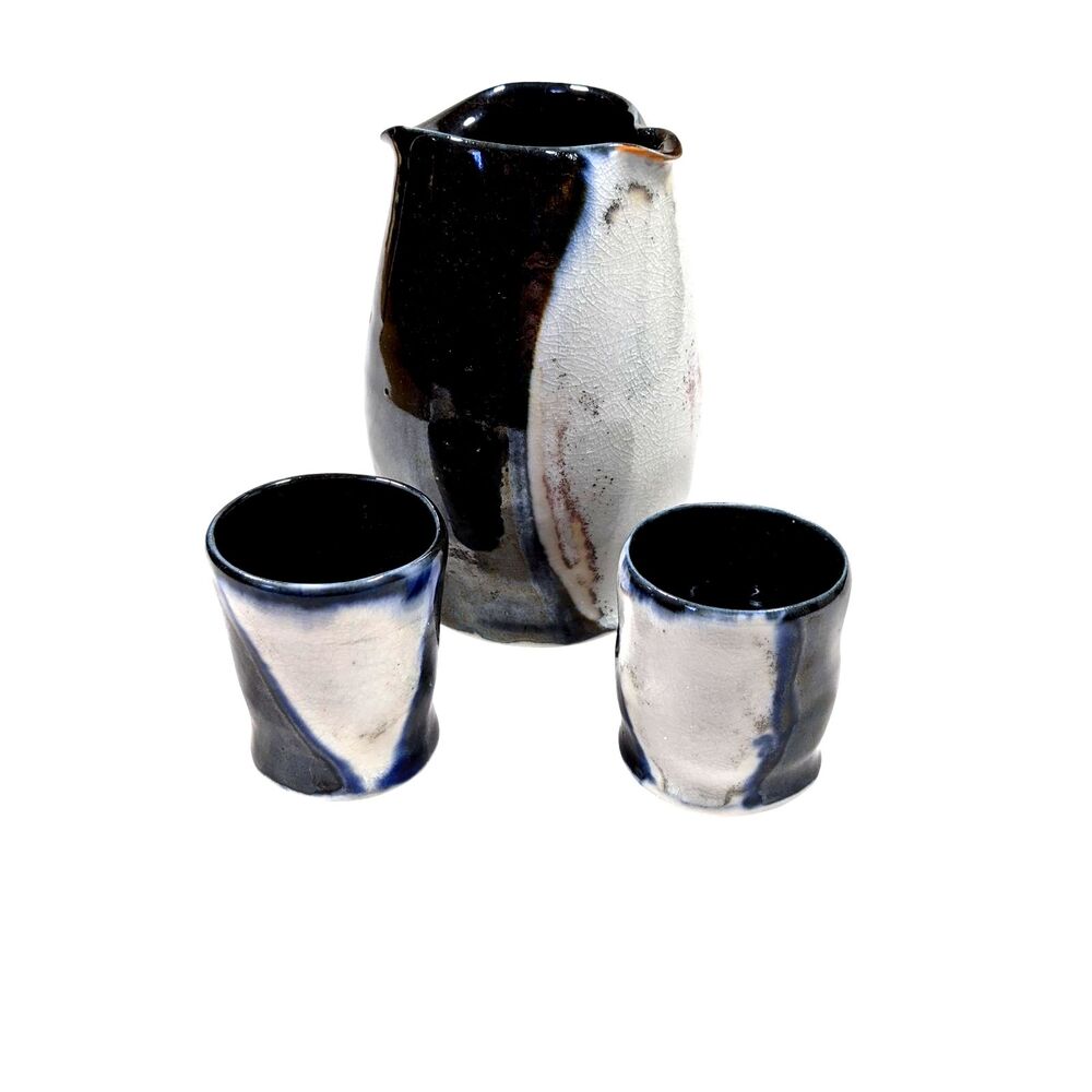 Hand Thrown Sake Set Studio Pottery Plymouth MA Pitcher 2 Cups Black White 1970s